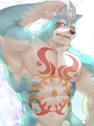  1boy abs animal_ear_fluff animal_ears arm_up armpits bara blue_fur chest_tattoo completely_nude cowboy_shot fangs fuga9 furry furry_male large_pectorals male_focus muscular muscular_male navel nipples nude oguchi_magami out-of-frame_censoring pectorals presenting_armpit solo stomach stomach_tattoo tattoo tokyo_afterschool_summoners white_fur wolf_boy wolf_ears 