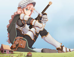  armor bag belt braid capelet cloak commentary english_commentary female gauntlets giant giantess greaves green_eyes helmet highres house knight long_hair orange_hair original raps_(yohomeboyraps) sword very_long_hair weapon 