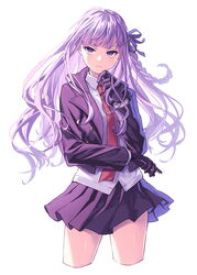  adjusting_clothes adjusting_gloves black_gloves braid commentary cowboy_shot cropped_legs danganronpa:_trigger_happy_havoc danganronpa_(series) female floating_hair gloves hair_ornament hair_ribbon highres jacket kirigiri_kyoko long_hair long_sleeves looking_at_viewer lq_saku miniskirt necktie pleated_skirt purple_eyes purple_hair purple_skirt ribbon school_uniform shirt side_braid simple_background single_braid skirt solo white_background white_shirt 