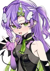  amanogawa_neru female fingerless_gloves gloves green_eyes highres horns long_hair luicent open_mouth purple_gloves purple_hair re-ply simple_background single_horn smile solo two_side_up virtual_youtuber white_background white_horns wing_hair_ornament 