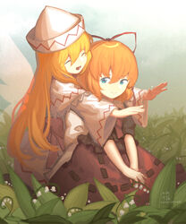  2girls ^_^ artist_name behind_another black_shirt blonde_hair blue_eyes bob_cut capelet closed_eyes commentary dated day dress fairy_wings flower furahata_gen gradient_sky grass hair_between_eyes hair_ribbon hat highres hug hug_from_behind kneeling light_particles lily_of_the_valley lily_white long_hair long_sleeves looking_at_viewer medicine_melancholy multiple_girls on_ground outdoors outstretched_arms puffy_short_sleeves puffy_sleeves red_skirt ribbon shirt short_sleeves sitting skirt sky touhou very_long_hair white_dress white_headwear wide_sleeves wings yuri 