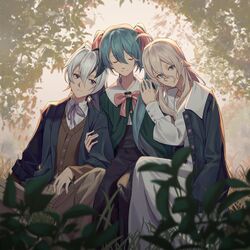  3girls aqua_hair blonde_hair blue_dress blue_eyes blue_jacket blurry blurry_background blurry_foreground capelet cardigan closed_eyes commentary depth_of_field dress flower_(vocaloid) flower_(vocaloid4) girl_sandwich green_capelet hair_flaps half-closed_eyes hands_on_another&#039;s_shoulders hatsune_miku highres holding_another&#039;s_arm ia_(vocaloid) jacket leaf leaning_on_person leaning_to_the_side light_smile long_hair looking_at_viewer multiple_girls neck_ribbon pants purple_eyes ribbon sandwiched short_hair side-by-side sitting symbol-only_commentary tree twintails vocaloid white_dress white_hair wounds404 