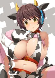  animal_ears animal_print bare_shoulders bikini blush breasts brown_eyes brown_hair cleavage collar cow_ears cow_horns cow_print cow_print_bikini elbow_gloves fake_animal_ears female gloves halterneck headset highres horns idolmaster idolmaster_cinderella_girls inue_shinsuke large_breasts looking_at_viewer navel oikawa_shizuku pink_gloves pink_thighhighs print_bikini short_hair solo swimsuit thighhighs 