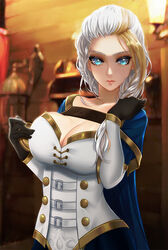  blue_eyes braid breasts buttons cape cleavage corset esther_shen fantasy female gold_trim human_(warcraft) jaina_proudmoore mage_(warcraft) multicolored_hair streaked_hair two-tone_hair warcraft white_hair world_of_warcraft 