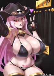  absurdres adapted_costume aestheticc-meme alternate_breast_size armpits bad_link bell bikini blush breasts cleavage covered_nipples cowbell cowboy_hat curvy female hat highres hololive hololive_english huge_breasts jewelry lipstick long_hair makeup mori_calliope mori_calliope_(sheriff) navel pink_eyes pink_hair skull smile solo string_bikini swimsuit tattoo thick_thighs thighhighs thighs v variant_set very_long_hair virtual_youtuber 