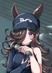  absurdres animal_ears artist_name baseball_cap black_hat black_shirt blush boc&#039;z_(umamusume) bodysuit breasts brown_hair closed_mouth commentary_request ears_through_headwear female hair_over_one_eye hand_on_own_chest hand_up hat highres holding horse_ears horse_girl impossible_clothes impossible_shirt juliet_sleeves long_hair long_sleeves looking_at_viewer puffy_sleeves purple_eyes rice_shower_(boc&#039;z)_(umamusume) rice_shower_(umamusume) shian_(sian8882) shirt single_bare_shoulder single_sleeve small_breasts smile solo turtleneck umamusume upper_body 