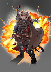  :d absurdres ahoge arknights arms_up bandaged_arm bandages black_footwear boots brown_cape brown_pants brown_shirt cape commentary controller demon_girl demon_horns demon_tail detonator explosion explosive female full_body grenade grey_background grey_hair highres holding holding_remote_control horns jumbowhopper looking_at_viewer official_alternate_costume open_mouth orange_eyes pants pointing pouch remote_control shirt short_hair smile solo standing strap tactical_clothes tail w_(arknights) 