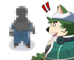  anthro bandana canid canine canis crossover domestic_dog duo electronics exclamation_point fur green_body green_fur grey_body grey_fur headphones headphones_around_neck hi_res humor inugamihito kerchief lifewonders live_a_hero male mammal mokdai moritaka_(tas) pixelated tokyo_afterschool_summoners 