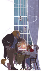  afk_arena alcohol anthro beverage book bottle brutus_(afk_arena) canid clock clothing container curtains eyewear felid glasses hi_res jacket khasos_(afk_arena) lamp lion male male/male mammal pantherine plant plant_pot potted_plant rayoriens reading reading_book scarf smoke smoking suit sweater topwear window window_seat wine winter 