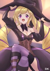  alternate_costume blonde_hair breasts cleavage commission crossed_legs deekei elise_(fire_emblem) female fire_emblem fire_emblem_fates hat highres long_hair long_sleeves multicolored_hair open_mouth purple_eyes purple_hair solo twintails witch witch_hat 