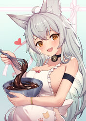  :3 ahoge alternate_costume animal_ear_fluff animal_ears animal_print apron armband bell blush bowl bracelet breasts cat_ears cat_print chocolate cleavage collar commentary_request crossed_bangs erune female frilled_apron frills gift_wrapping granblue_fantasy grey_hair hair_between_eyes heart highres jewelry jingle_bell large_breasts long_hair looking_at_viewer mixing_bowl naked_apron neck_bell oerba_yun_fang open_mouth orange_eyes revision sen_(granblue_fantasy) sideboob sideless_outfit slit_pupils smile solo uneg upper_body whisk 