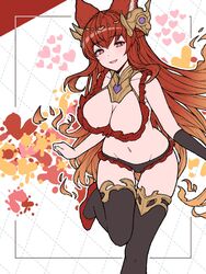  animal_ears anthuria bare_shoulders bikini black_gloves black_thighhighs blush border breasts cleavage dotted_line elbow_gloves erune female gloves granblue_fantasy grid_background hair_ornament highres jpeg_artifacts large_breasts ll_0109 long_hair looking_at_viewer navel open_mouth outside_border red_bikini red_eyes red_hair single_elbow_glove single_glove smile solo swimsuit thighhighs 