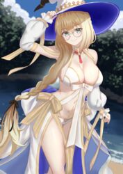  aesc_(fate) aesc_(rain_witch)_(fate) bikini blonde_hair blue_eyes braid breasts cosplay curio_(curiofinity) detached_sleeves fate/grand_order fate_(series) female glasses hat highres large_breasts long_hair morgan_le_fay_(fate) morgan_le_fay_(fate)_(cosplay) morgan_le_fay_(water_princess)_(fate) navel side_braid smile swimsuit white_bikini witch_hat 