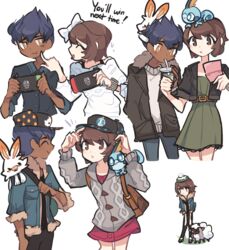  1boy ^_^ bad_id bad_tumblr_id baseball_cap brown_eyes brown_hair charamells closed_eyes commentary dark-skinned_male dark_skin english_commentary english_text facing_another female gloria_(pokemon) handheld_game_console hat highres holding holding_handheld_game_console hop_(pokemon) looking_at_another nintendo_ds nintendo_switch on_head on_shoulder playing_games pokemon pokemon_(creature) pokemon_on_head pokemon_on_shoulder pokemon_swsh purple_hair rabbit_on_shoulder scorbunny short_hair simple_background sobble standing white_background wooloo yellow_eyes 