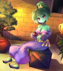  anklet artist_name bare_shoulders bracelet breasts brick_wall cleavage coffee collarbone colored_skin commentary cup english_commentary female fillin_(shantae) green_hair green_skin harem_pants head_tilt high_ponytail jewelry large_breasts looking_at_viewer necklace pants ponytail puffy_pants red_eyes shantae_(series) shantae_and_the_seven_sirens shoes short_hair sitting smile solo spoon takuyarawr wooden_box 