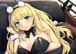  animal_ears ass azur_lane bare_shoulders black_leotard blonde_hair blue_eyes bow bowtie breasts cleavage commentary_request couch cuff_links detached_collar fake_animal_ears fake_tail female full_body high_heels highres huge_breasts indoors leotard long_hair looking_at_viewer lying nori_aji north_carolina_(azur_lane) north_carolina_(the_heart&#039;s_desire)_(azur_lane) official_alternate_costume on_couch on_stomach pantyhose playboy_bunny rabbit_ears rabbit_tail solo strapless strapless_leotard tail very_long_hair wrist_cuffs 