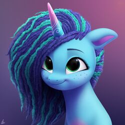  1:1 2022 afro blue_body blue_hair bust_portrait digital_media_(artwork) equid equine eyelashes female feral freckles green_eyes hair hasbro hi_res horn looking_up luminousdazzle mammal misty_brightdawn_(mlp) mlp_g5 multicolored_hair my_little_pony mythological_creature mythological_equine mythology portrait smile solo two_tone_hair unicorn unicorn_horn 