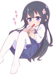  black_hair blush bubble_tea collared_shirt commentary_request cup dress drinking drinking_straw drinking_straw_in_mouth feet female flower full_body hair_flower hair_ornament hatafuta holding holding_cup long_hair long_sleeves no_shoes pantyhose purple_dress purple_eyes shirosaki_hana shirt sidelocks solo sound_effects very_long_hair watashi_ni_tenshi_ga_maiorita! white_pantyhose white_shirt 