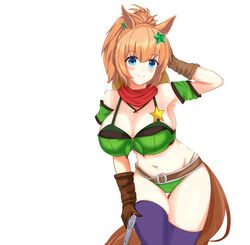  animal_ears arm_up armband bad_id bad_pixiv_id bandana bandeau bare_shoulders belt bikini bikini_under_clothes blue_eyes blush breasts brown_belt brown_gloves cleavage commentary cowboy_shot detached_sleeves female front-tie_top gloves green_armband gun hair_ornament handgun holding holding_gun holding_weapon horse_ears horse_girl horse_tail large_breasts long_hair looking_at_viewer midriff navel orange_hair ponytail purple_thighhighs sa_(nax49) short_sleeves smile solo standing star_(symbol) star_hair_ornament stomach strapless swimsuit taiki_shuttle_(umamusume) tail thighhighs thighs tube_top umamusume weapon 