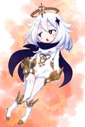  :o black_eyes blush female flying full_body genshin_impact hair_ornament halo highres long_sleeves looking_to_the_side open_mouth paimon_(genshin_impact) romper short_hair single_thighhigh solo sweatdrop teruki_kuma thighhighs white_footwear white_hair white_romper white_thighhighs 