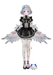  absurdres bandaged_leg bandages black_dress black_footwear black_ribbon blue_flower blunt_bangs collared_dress dress feathers female flower full_body grey_wings hair_flower hair_ornament highres looking_at_viewer low_wings neck_ribbon official_art purple_nails re:act ribbon short_hair_with_long_locks simple_background single_thighhigh straight-on takubon thighhighs usuwa_suu virtual_youtuber white_background white_feathers white_wings wings 