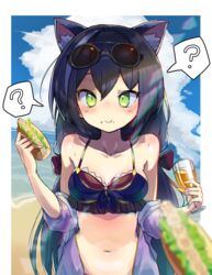  ? animal_ear_fluff animal_ears bare_shoulders beach bikini blush bongnom border bow breasts cat_ears cat_girl closed_mouth cloud cloudy_sky collarbone commentary day double-parted_bangs drink eating eyebrows_hidden_by_hair eyewear_on_head female food food_on_face green_eyes hairbow hands_up highres holding holding_drink holding_food jacket karyl_(princess_connect!) karyl_(summer)_(princess_connect!) long_hair looking_at_viewer medium_breasts multicolored_hair navel outdoors pov princess_connect! purple_bikini purple_hair purple_jacket red_bow short_sleeves sidelocks sky solo spoken_question_mark streaked_hair sunglasses swimsuit twintails upper_body white_border 