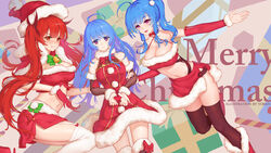  3girls absurdres ahoge alternate_costume arm_warmers azur_lane bandeau bare_shoulders blue_hair boots breasts brown_thighhighs capelet choker christmas cleavage cosplay criss-cross_halter crop_top cygnet_(azur_lane) cygnet_(azur_lane)_(cosplay) cygnet_(holy_night&#039;s_hymn)_(azur_lane) detached_sleeves dress frown fur_trim garter_straps gloves gold_trim gridley_(azur_lane) gridley_(azur_lane)_(cosplay) gridley_(christmas_photoshoot)_(azur_lane) halterneck hat helena_(azur_lane) highres honolulu_(azur_lane) large_breasts long_hair long_sleeves looking_at_viewer merry_christmas midriff miniskirt multiple_girls navel omae_yoken open_mouth outstretched_arm pink_eyes ponytail purple_eyes red_choker red_dress red_eyes red_gloves red_hair red_headwear red_shirt red_skirt revealing_clothes ribbon_choker san_diego_(azur_lane) san_diego_(azur_lane)_(cosplay) san_diego_(sandy_claus)_(azur_lane) santa_hat shirt side_slit skirt smile st._louis_(azur_lane) stomach thighhighs twintails v-shaped_eyebrows very_long_hair white_garter_straps white_thighhighs zettai_ryouiki 