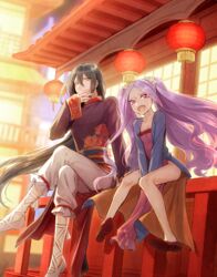  1boy bishounen black_hair chinese_clothes fate/grand_order fate_(series) female flat_chest lantern looking_at_viewer meiji_(meiji770) ponytail purple_hair red_eyes red_footwear sitting twintails white_footwear wu_zetian_(fate) yan_qing_(fate) 