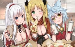  3girls :d animal_ears apron azur_lane beige_shirt belfast_(azur_lane) belfast_(piping-hot_perfection)_(azur_lane) bell bikini bikini_top_only black_bikini black_gloves black_ribbon blonde_hair blue_eyes blue_hair blush braid breasts broken broken_chain chains cleavage collared_shirt commentary cropped_jacket cup disposable_cup drinking_straw eating eyebrows_hidden_by_hair fingerless_gloves food fox_ears french_braid fubuki_(azur_lane) fubuki_(stormy_waitress-in-training!)_(azur_lane) gloves green_eyes grin hair_between_eyes hair_ornament hair_ribbon hair_scrunchie hairclip head_tilt highres holding holding_cup holding_food holding_spoon hornet_(azur_lane) hornet_(freshly-baked_bonding!)_(azur_lane) jacket large_breasts long_hair long_sleeves looking_at_viewer low_neckline marumai multiple_girls oerba_yun_fang official_alternate_costume one_eye_closed open_clothes open_mouth orange_scarf pizza pizza_slice ponytail poster_(object) red_apron red_jacket red_scrunchie ribbon scarf scrunchie shirt short_hair short_sleeves sidelocks sitting skin_fang smile spoon steam strap_slip swimsuit table twintails upper_body very_long_hair white_hair wrist_cuffs yellow_eyes 