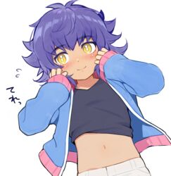  1boy aged_down black_shirt blush commentary_request dark-skinned_male dark_skin eyelashes flying_sweatdrops hands_up jacket leon_(pokemon) lolicon long_sleeves male_focus meiji_(meiji770) navel pokemon pokemon_(anime) pokemon_journeys purple_hair shirt smile solo yellow_eyes 