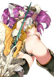  angela_(seiken_densetsu_3) armor ass bikini bikini_armor boots breastplate breasts cape commentary_request dragon feather_trim female fur_trim gloves green_eyes helmet holding holding_polearm holding_weapon long_hair looking_at_viewer looking_back medium_breasts open_mouth pointy_ears polearm purple_hair saburou_(hgmg) seiken_densetsu seiken_densetsu_3 shiny_clothes shiny_skin sidelocks simple_background smile solo spear swimsuit thigh_boots thighhighs thighs twisted_torso weapon white_background 