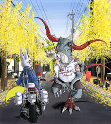  1boy absurdres animal animal_ears autumn_leaves blue_jacket blue_pants blue_sky blunt_bangs blush boots closed_mouth clothed_animal day doitsuken dragon dress female fox_boy fox_ears fox_girl fox_tail gloves helmet highres jacket jewelry leaf leaning_on_object license_plate lizard lolicon long_sleeves looking_at_another looking_up medium_hair monster motor_vehicle motorcycle motorcycle_helmet necklace orange_eyes original outdoors pants police police_motorcycle police_uniform policeman postbox_(outgoing_mail) power_lines red_footwear reins riding road shirt shoes short_eyebrows shorts sitting sky slit_pupils smile standing standing_on_one_leg street tail thick_eyebrows uniform utility_pole walking white_dress white_gloves 