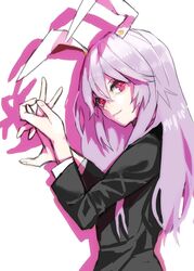  animal_ears black_jacket commentary_request female from_side hands_up highres jacket long_hair long_sleeves nanasuou one-hour_drawing_challenge purple_hair rabbit_ears rabbit_shadow_puppet red_eyes reisen_udongein_inaba shadow_puppet simple_background solo touhou upper_body white_background 