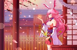  animal_ears asc11 bad_id bad_pixiv_id breasts cherry_blossoms closed_mouth female fox_ears highres honkai_(series) honkai_impact_3rd japanese_clothes katana long_hair outdoors petals pink_hair pink_skirt purple_eyes sheath sheathed sideboob skirt solo sword thighhighs weapon white_sleeves white_thighhighs yae_sakura yae_sakura_(gyakushinn_miko) 