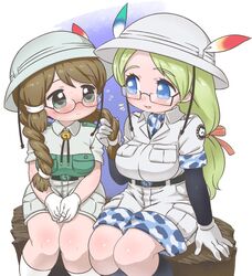  2girls blush braid breasts brown_hair bucket_hat camouflage_trim captain_(kemono_friends) commentary eye_contact glasses green_eyes green_hair grey_shirt grey_shorts hat hat_feather helmet highres holding_another&#039;s_hair jacket japari_symbol kemono_friends kuro_(kurojill) large_breasts long_hair looking_at_another medium_breasts mirai_(kemono_friends) multiple_girls pith_helmet playing_with_another&#039;s_hair playing_with_hair safari_jacket semi-rimless_eyewear shirt shorts twin_braids under-rim_eyewear yuri 