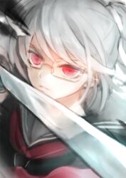  asymmetrical_bangs chiko_(d04099) closed_mouth collar danganronpa_(series) danganronpa_2:_goodbye_despair female glasses grey_hair long_hair looking_at_viewer pekoyama_peko rectangular_eyewear red_eyes rimless_eyewear sailor_collar solo sword upper_body weapon 