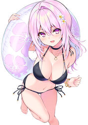  bangle bare_shoulders barefoot bikini black_bikini black_choker bracelet breasts choker cleavage commentary_request cu-no feet female floral_print flower hair_between_eyes hair_flower hair_ornament halterneck hisen_kaede innertube jewelry large_breasts leg_up long_hair looking_at_viewer navel necklace open_mouth pink_hair purple_eyes side-tie_bikini_bottom simple_background smile solo stomach string_bikini swim_ring swimsuit thighs white_background yayoi_sakura 