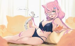  animal_ears bare_legs bare_shoulders bikini blush breasts cat_ears cellphone cleavage curtains fangs feline female frilled_bikini frills glasses green_eyes hair_ornament hairclip highres holding holding_phone iltusa indoors large_breasts long_hair looking_at_viewer lying navel nijisanji nijisanji_kr oerba_yun_fang on_side one_eye_closed open_mouth phone pink_hair smartphone solo swimsuit virtual_youtuber yang_nari 