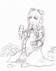  absurdres big_belly bloated bow colu_colu cosmic_break cup detached_sleeves dripping full_stomach hairbow hand_on_own_stomach highres holding holding_cup inflation ivis long_hair monochrome trembling 