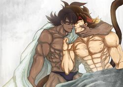  2boys abs bara bardock biceps black_eyes black_hair brown_hair buff bulge dark-skinned_male dark_skin dragon_ball dragon_ball_z eight_pack father_and_son grabbing_sheets hand_on_face headband human human_only incest kissing looking_at_partner looking_at_viewer male male_only muscle muscles muscular muscular_male pecs purple_underwear scar scar_on_cheek scar_on_face sheets six_pack tail turles underwear underwear_only yaoi 