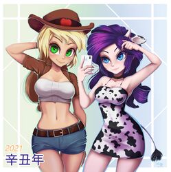  2020s 2021 2girls abs absurd_res apple applejack_(eg) applejack_(mlp) arm_up armpit armpits arms_up belt big_breasts black_choker black_collar blonde_hair blue_bottomwear blue_eyes blush brown_belt brown_headwear brown_jacket cellphone choker cleavage clothed clothed_female clothes clothing collar cow_girl cow_girl_outfit cow_horns cow_tail cowboy_hat cowgirl cowgirl_outfit denim_shorts digital_drawing_(artwork) dress duo duo_female equestria_girls exposed_belly females females_only freckles friendship_is_magic front_view gradient_background green_eyes hand_behind_head happy hat heroines high_resolution highres horn human human_coloring large_filesize light-skinned_female long_hair looking_at_viewer metahuman my_little_pony one_leg_forward posing purple_hair rarity_(eg) rarity_(mlp) selfie shiny_hair shiny_legs shiny_skin smile smiling smooth_skin standing tail taking_selfie the-park tomboy translation_request tubetop two_tone_dress watermark western_art western_cartoon white_topwear 