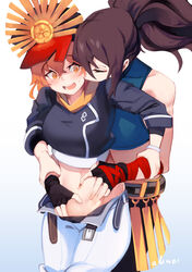  1boy arm_grab belt bike_shorts bike_shorts_under_shorts biting black_gloves black_hair black_pants blue_shirt blush bodysuit bodysuit_under_clothes borrowed_clothes breasts brown_belt chaldea_logo commentary commission covered_collarbone cowboy_shot crest crop_top crossed_bangs english_commentary family_crest fate/grand_order fate_(series) female fingerless_gloves fujimaru_ritsuka_(female) fujimaru_ritsuka_(female)_(true_ether_chaldea_uniform) gloves grabbing grabbing_from_behind gradient_background groin hair_between_eyes hands_on_another&#039;s_stomach hat highres kani_fish long_hair looking_at_another medium_breasts midriff navel navel_fingering oda_kippoushi_(fate) oda_nobunaga_(fate) oda_uri official_alternate_costume open_belt open_clothes open_mouth open_shorts orange_eyes orange_hair orange_scarf pants peaked_cap ponytail scarf shako_cap shirt shorts sidelocks signature simple_background spread_navel standing sweatdrop undressing_another white_shorts wristband 