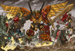  3boys alien arm_cannon armor assault_visor autobot battle blue_eyes building cannon clenched_hands cloud cloudy_sky decepticon defensor english_commentary explosion glowing guido_guidi holding holding_sword holding_weapon horns insignia machinery md5_mismatch mecha mechanical_wings multiple_boys no_humans official_art predaking protectobot robot science_fiction size_difference sky superion sword teeth transformers transformers:_generation_1 weapon wings yellow_eyes 