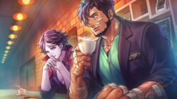  2boys bandages brick_wall cafe ceiling ceiling_light cellphone chest_hair chest_hair_peek coffee coffee_mug coffee_talk colored_skin cup gala_(coffee_talk) gendou_pose green_shirt hyde_(coffee_talk) indoors iroha_(akei0710) jacket jacket_on_shoulders looking_at_another male_focus manly mole mug multicolored_hair multiple_boys own_hands_clasped own_hands_together perspective phone popped_collar purple_skin scar shirt sitting smartphone smile steam thick_chest_hair upper_body vampire 