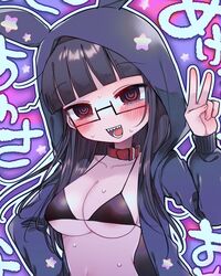  @_@ animal_hood bikini black_bikini black_hair black_jacket blunt_bangs blush breasts collar commentary_request female glasses highres hood hood_up hooded_jacket jacket large_breasts long_hair long_sleeves looking_at_viewer open_clothes open_mouth red_collar red_eyes sharp_teeth shinigami_dot_com simple_background solo star_(symbol) sweat swimsuit teeth toukyou_tama upper_body v yasashii_naizou 