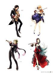  2boys 2girls artist_request black_footwear black_hair blonde_hair blue_dress bracelet breasts claire_victorious cleavage dress flute full_body god_eater god_eater_3 hair_ornament high_heels highres holding hugo_pennywort instrument jewelry long_hair long_sleeves lulu_baran medium_breasts multiple_boys multiple_girls official_art page_number pants parted_bangs red_dress saxophone scar scar_across_eye scar_on_face scarf short_hair simple_background sleeveless strapless strapless_dress thigh_strap trumpet violin white_background zeke_pennywort 