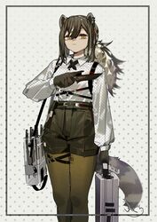  absurd_res anthro arknights blouse bottomwear briefcase brown_eyes brown_hair clothing ear_piercing female fuguri hair hi_res holding_object holding_weapon hypergryph knife mammal piercing ponytail portrait procyonid raccoon robin_(arknights) shorts solo studio_montagne three-quarter_portrait throwing_knife topwear weapon 