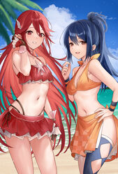  2girls alternate_costume beach bikini bikini_skirt black_thighhighs blue_hair blue_sky braid breasts brown_eyes brown_gloves cloud commentary cordelia_(fire_emblem) cordelia_(summer)_(fire_emblem) crown_braid fingerless_gloves fire_emblem fire_emblem_awakening fire_emblem_fates fire_emblem_heroes gloves grin hair_between_eyes hair_ornament hand_on_own_hip haru_(nakajou-28) highres long_hair looking_at_viewer medium_breasts multiple_girls navel oboro_(fire_emblem) ocean official_alternate_costume orange_bikini orange_sarong outdoors ponytail red_bikini red_eyes red_hair red_skirt sand sarong single_thighhigh skirt sky small_breasts smile stomach swimsuit teeth thighhighs upper_teeth_only very_long_hair water wing_hair_ornament 