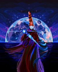  bad_link blush_stickers commentary elden_ring english_commentary female hat highres holding holding_wand long_sleeves looking_at_viewer moon pixel_art pixelianska red_hat red_robe rennala_queen_of_the_full_moon robe solo standing wand wizard_hat 