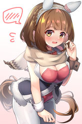  alternate_costume animal_ears blush breasts brown_eyes brown_hair cleavage embarrassed female headband highres horse_ears horse_girl horse_tail large_breasts looking_at_viewer medium_hair meyamu open_mouth pantyhose simple_background solo spoken_blush tail umamusume white_background white_pantyhose yukino_bijin_(umamusume) 